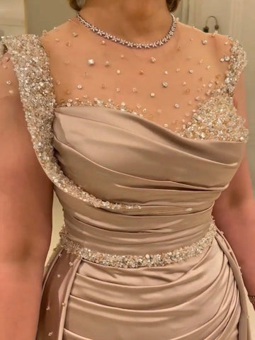 Robe de soirée élégante en satin, style sirène, couleur chair, avec jupe, perles, style arabe, LA71725 