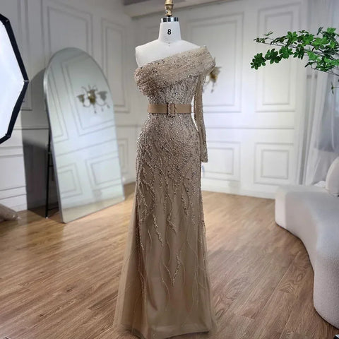 Robe de soirée sirène asymétrique à perles, couleur chair, style arabe, tenue de soirée de luxe à Dubaï, pour femmes, mariage, 2025, LA72161 
