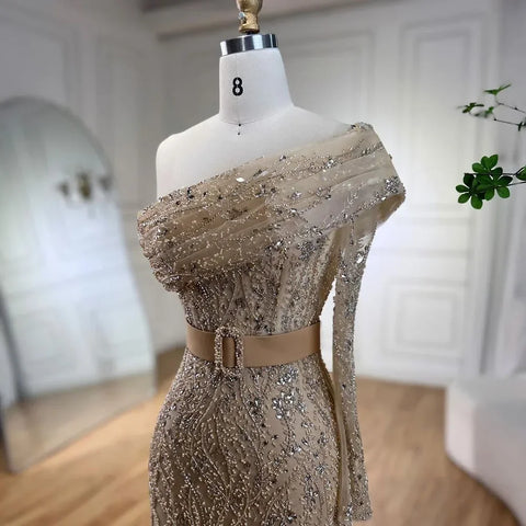 Robe de soirée sirène asymétrique à perles, couleur chair, style arabe, tenue de soirée de luxe à Dubaï, pour femmes, mariage, 2025, LA72161 