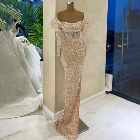 Robe de soirée sirène asymétrique à perles, couleur chair, style arabe, tenue de soirée de luxe à Dubaï, pour femmes, mariage, 2025, LA72318B 