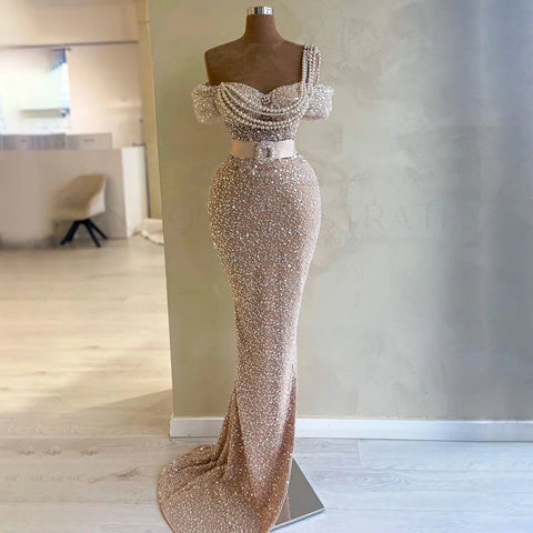 Robe de soirée sirène asymétrique à perles, couleur chair, style arabe, tenue de soirée de luxe à Dubaï, pour femmes, mariage, 2025, LA72318B 