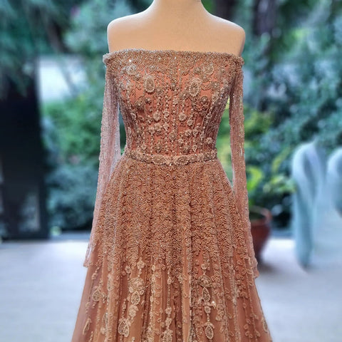 Luxury Dubai Evening Dress Elegant Off Shoulder Long Sleeves LA71803B