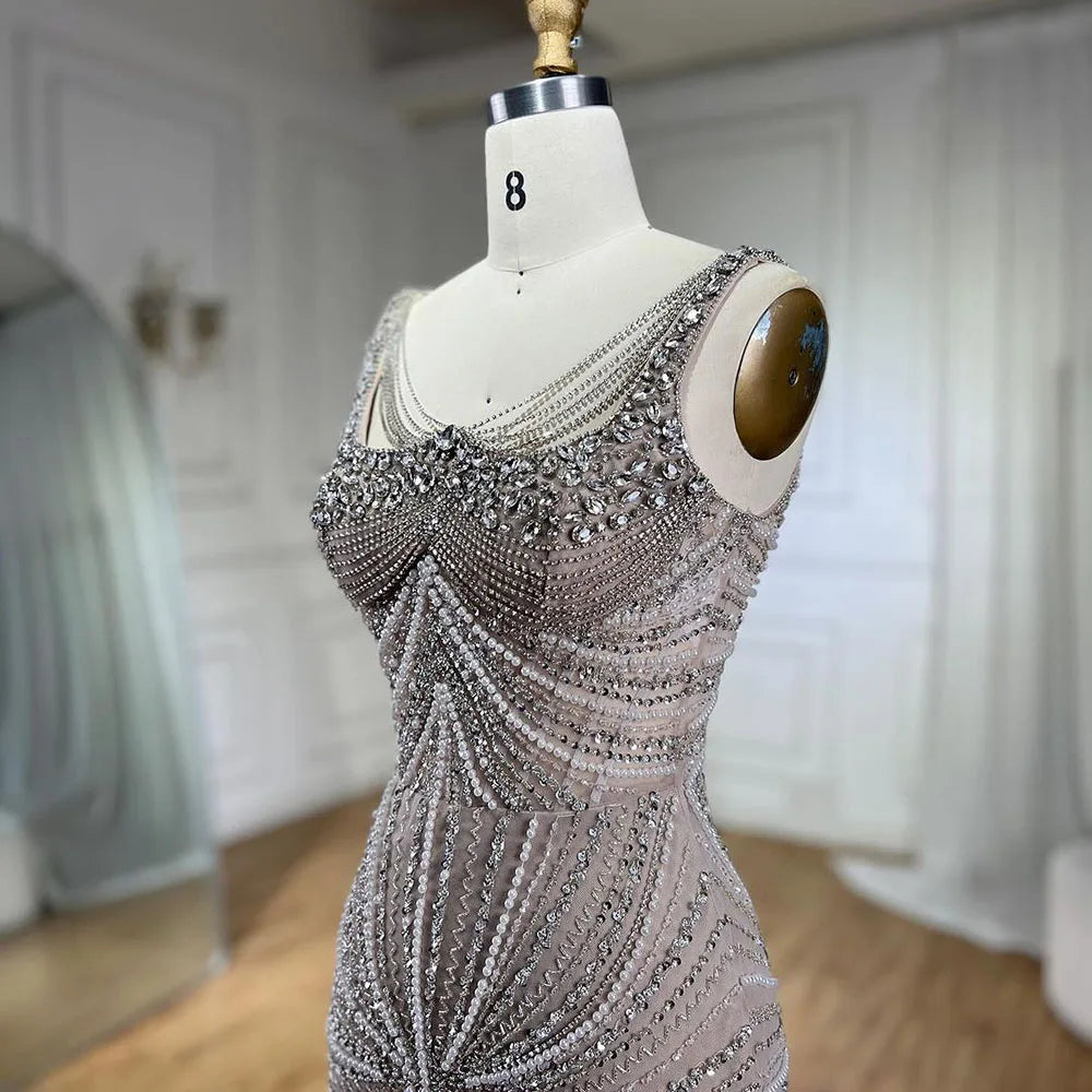 Vestidos de noche estilo sirena, color nude, con tirantes finos, adornados con perlas y cuentas, ideales para bodas y fiestas (2025) LA72356 