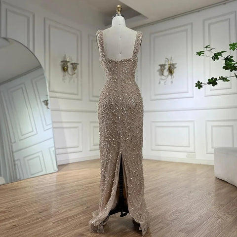 Luxury Pearls Nude Spaghetti Strap Evening Dress LA72606A