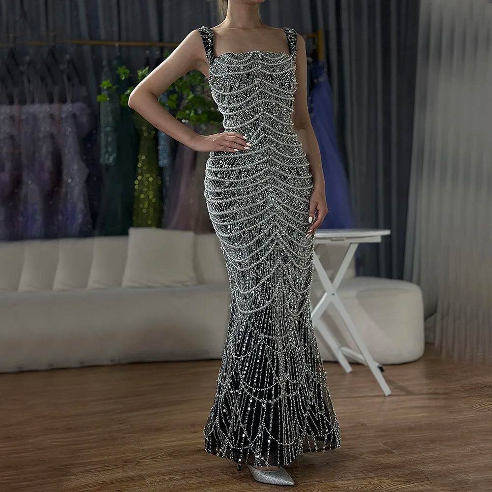 Luxury Pearls Nude Spaghetti Strap Evening Dress LA72606A
