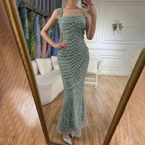 Luxury Pearls Nude Spaghetti Strap Evening Dress LA72606A