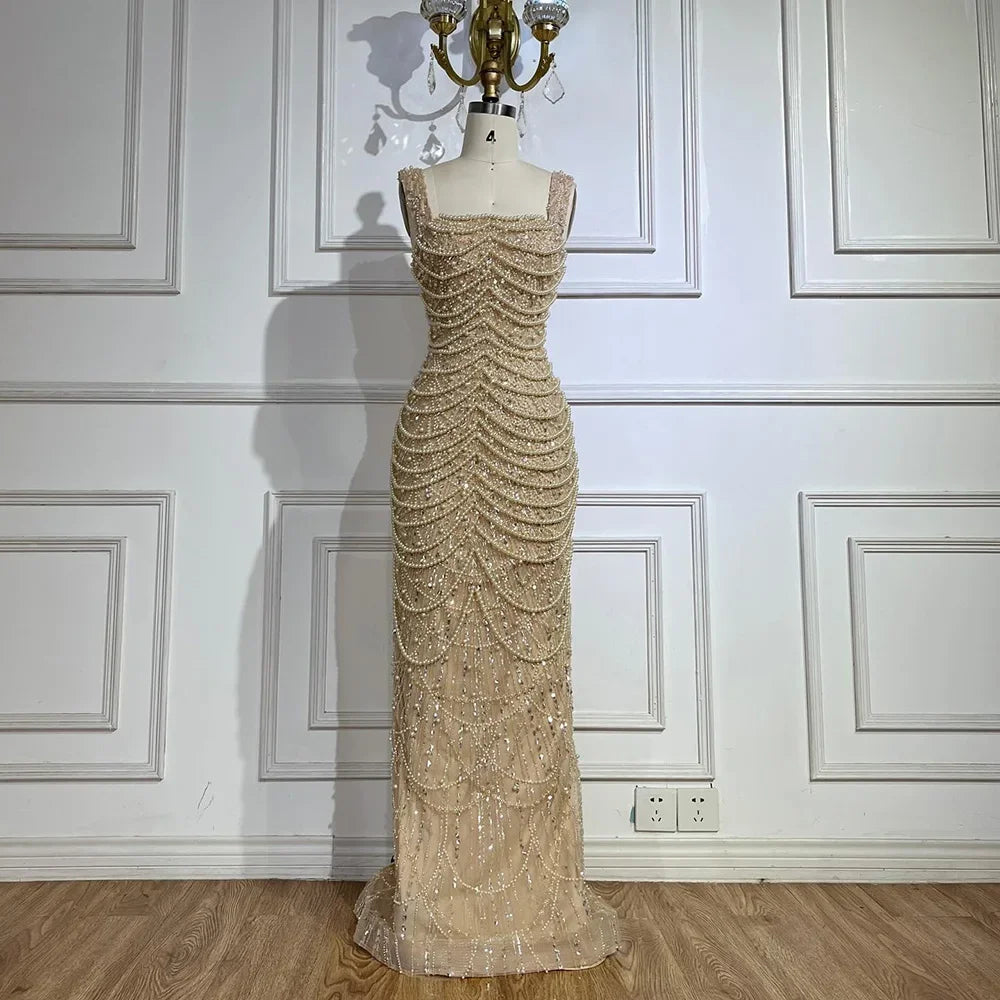 Luxury Pearls Nude Spaghetti Strap Evening Dress LA72606A