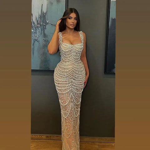 Luxury Pearls Nude Spaghetti Strap Evening Dress LA72606A