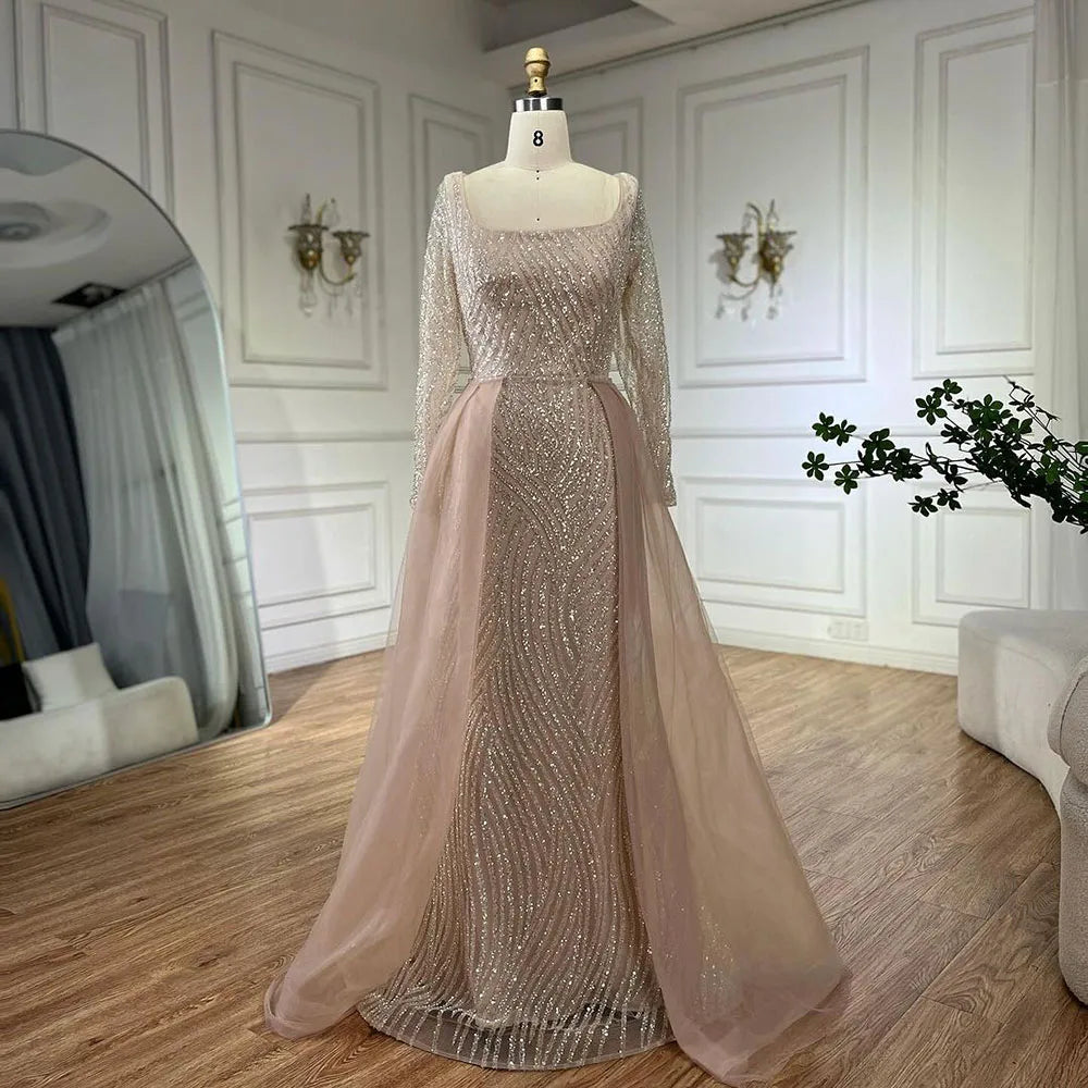 Vestido de noche de sirena color nude con cuello cuadrado y sobrefalda con cuentas, estilo árabe. Vestidos de lujo para bodas y fiestas de mujeres. LA72320A 