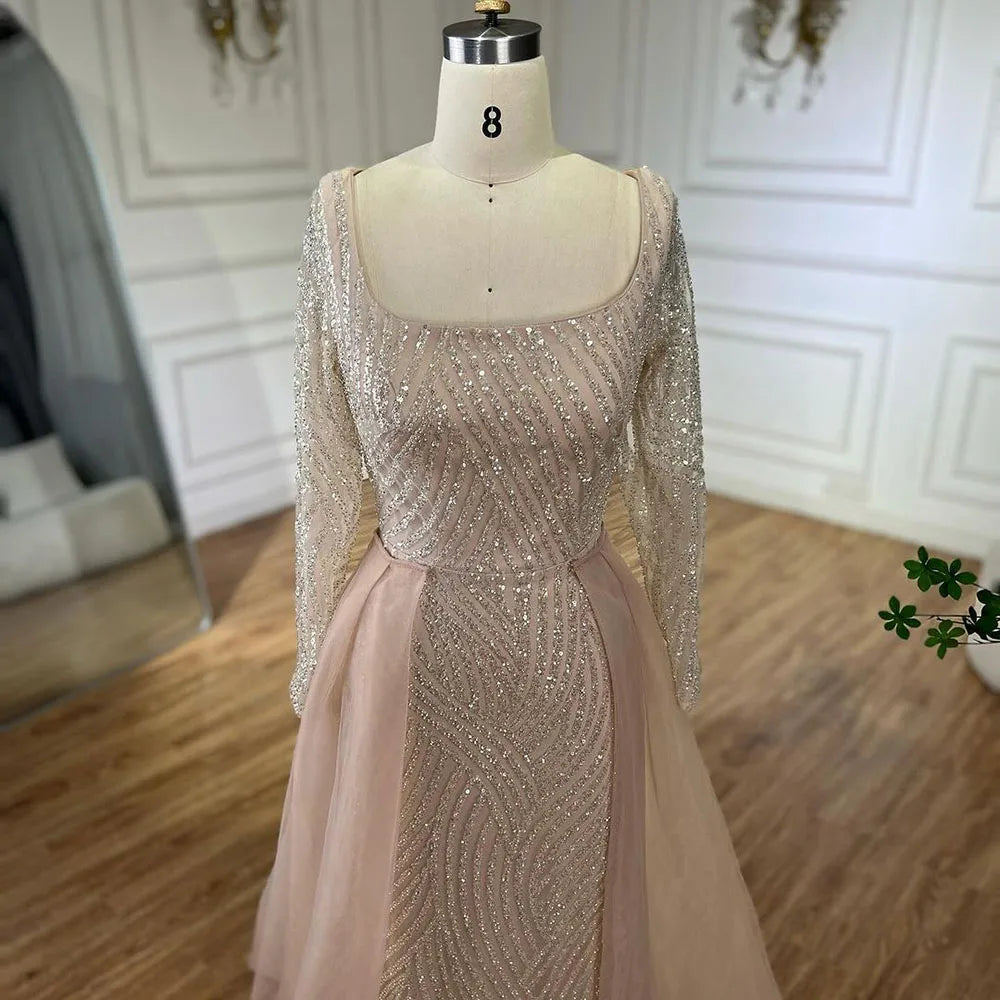 Vestido de noche de sirena color nude con cuello cuadrado y sobrefalda con cuentas, estilo árabe. Vestidos de lujo para bodas y fiestas de mujeres. LA72320A 