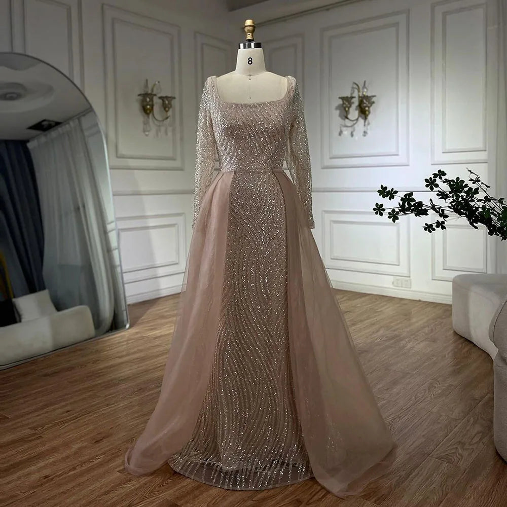 Vestido de noche de sirena color nude con cuello cuadrado y sobrefalda con cuentas, estilo árabe. Vestidos de lujo para bodas y fiestas de mujeres. LA72320A 