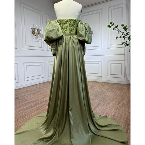 Robe de soirée sirène en satin vert olive, sans bretelles, manches bouffantes, perles, pour femme, tenue de mariage, LA71120A, 2025 