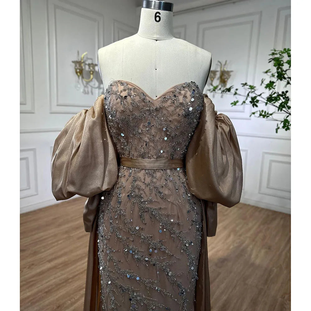 Vestidos de noche estilo sirena, sin tirantes, con mangas abullonadas y bordados en satén color oliva árabe, ideales para bodas y fiestas (modelo LA71120A). 