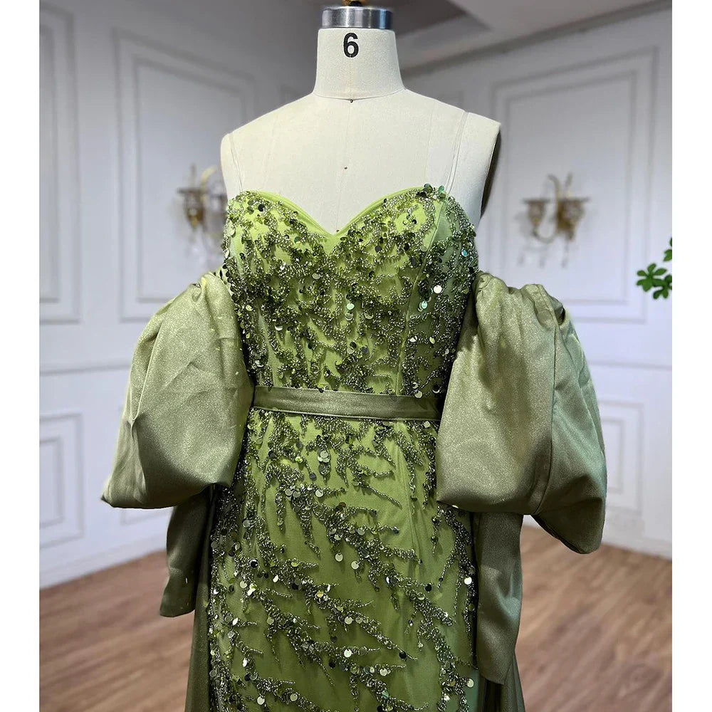 Vestidos de noche estilo sirena, sin tirantes, con mangas abullonadas y bordados en satén color oliva árabe, ideales para bodas y fiestas (modelo LA71120A). 