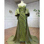 Vestidos de noche estilo sirena, sin tirantes, con mangas abullonadas y bordados en satén color oliva árabe, ideales para bodas y fiestas (modelo LA71120A). 