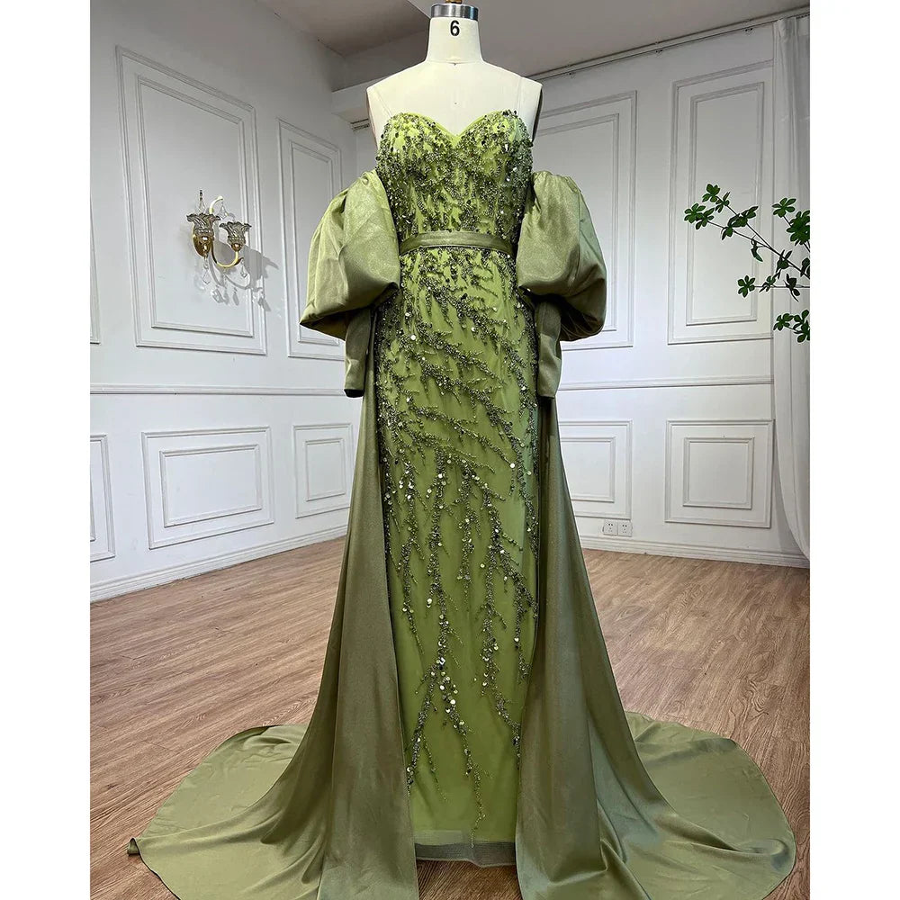 Vestidos de noche estilo sirena, sin tirantes, con mangas abullonadas y bordados en satén color oliva árabe, ideales para bodas y fiestas (modelo LA71120A). 