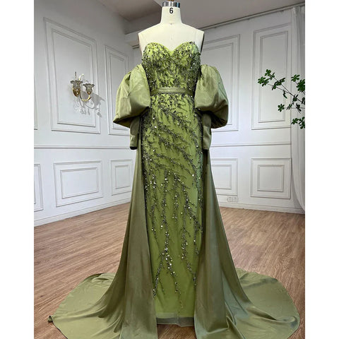 Robe de soirée sirène en satin vert olive, sans bretelles, manches bouffantes, perles, pour femme, tenue de mariage, LA71120A, 2025 