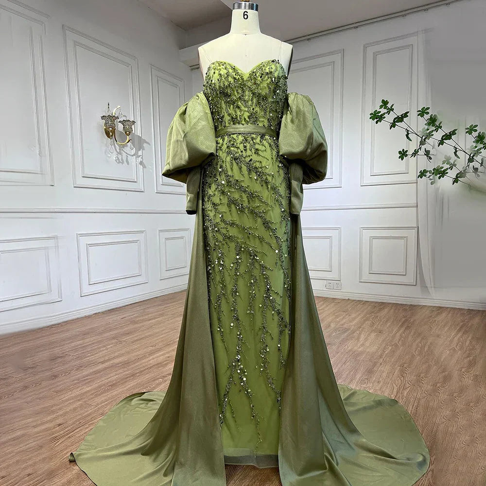 Vestidos de noche estilo sirena, sin tirantes, con mangas abullonadas y bordados en satén color oliva árabe, ideales para bodas y fiestas (modelo LA71120A). 