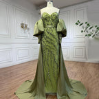 Vestidos de noche estilo sirena, sin tirantes, con mangas abullonadas y bordados en satén color oliva árabe, ideales para bodas y fiestas (modelo LA71120A). 