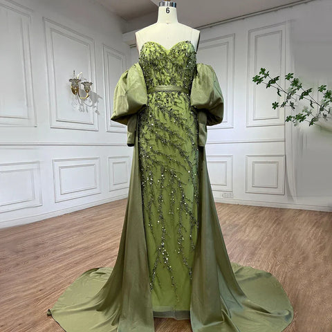 Robe de soirée sirène en satin vert olive, sans bretelles, manches bouffantes, perles, pour femme, tenue de mariage, LA71120A, 2025 