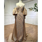 Vestidos de noche estilo sirena, sin tirantes, con mangas abullonadas y bordados en satén color oliva árabe, ideales para bodas y fiestas (modelo LA71120A). 