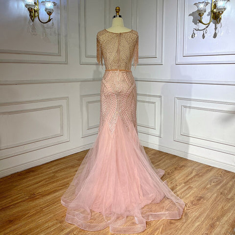Robe de soirée sirène élégante, couleur pêche, à franges et perles, luxueuse, pour femme, tenue de mariage, modèle LA71843, 2025 