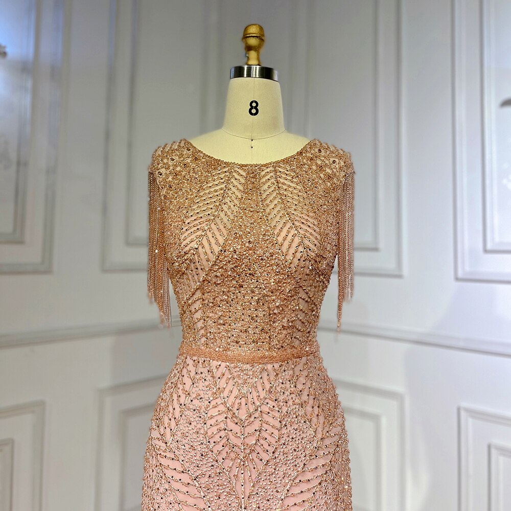 Vestidos de noche de lujo, elegantes, color melocotón, estilo sirena, con borlas y cuentas, para mujer, ideales para bodas y fiestas (colección 2025, LA71843) 