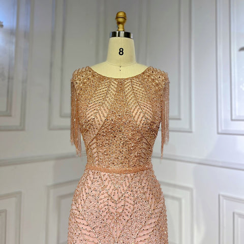 Robe de soirée sirène élégante, couleur pêche, à franges et perles, luxueuse, pour femme, tenue de mariage, modèle LA71843, 2025 