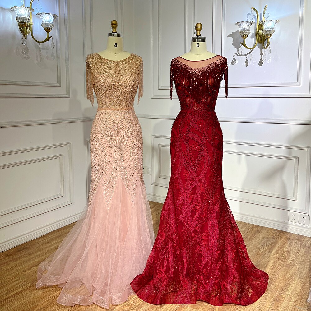 Vestidos de noche de lujo, elegantes, color melocotón, estilo sirena, con borlas y cuentas, para mujer, ideales para bodas y fiestas (colección 2025, LA71843) 