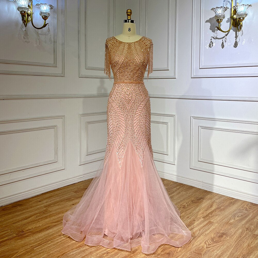Robe de soirée sirène élégante, couleur pêche, à franges et perles, luxueuse, pour femme, tenue de mariage, modèle LA71843, 2025 