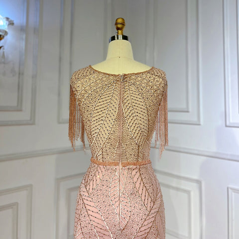 Robe de soirée sirène élégante, couleur pêche, à franges et perles, luxueuse, pour femme, tenue de mariage, modèle LA71843, 2025 