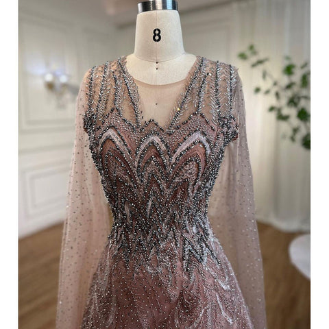 Robe de soirée longue rose style arabe, coupe trapèze, manches cape perlées, tenue de célébrité pour femme, tenue de mariage, LA72133, 2025 