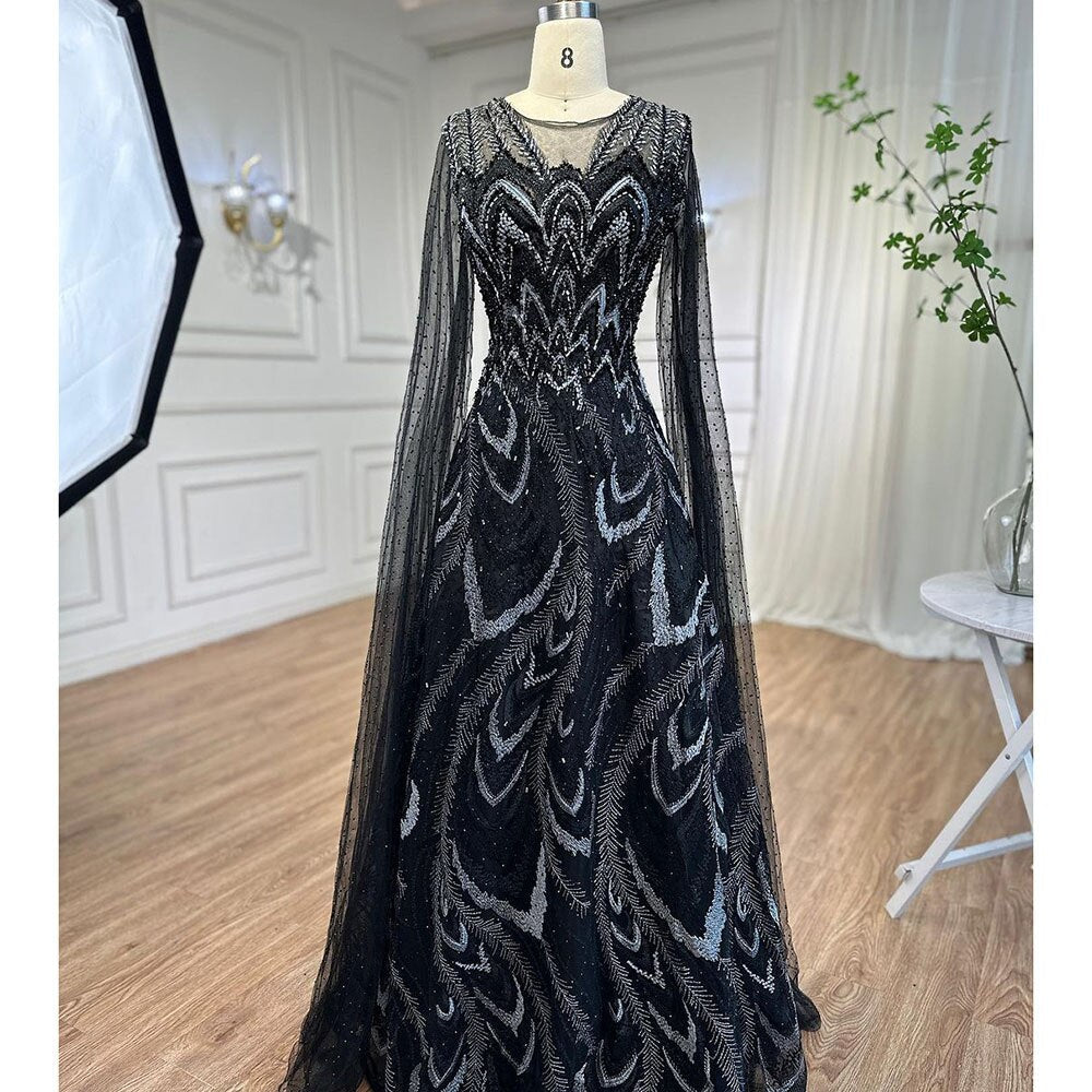 Vestidos de noche largos de corte A, color rosa árabe, con mangas tipo capa y cuentas, estilo celebridad, colección 2025, para mujer, ideales para bodas y fiestas (LA72133) 