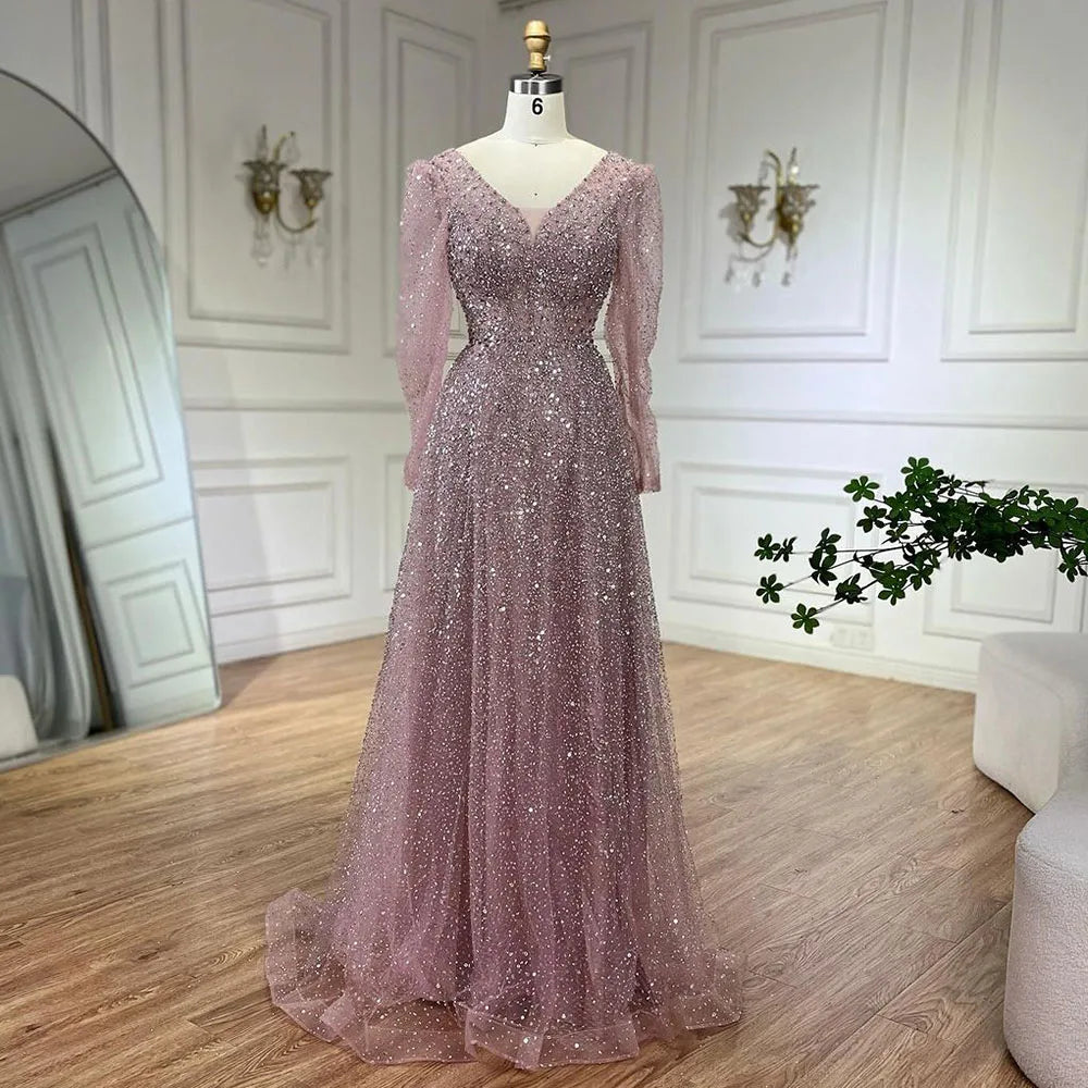 Vestidos de noche elegantes de corte A, manga larga, con cuentas, estilo árabe rosa, para mujer, ideales para bodas y fiestas (2025) LA72521 