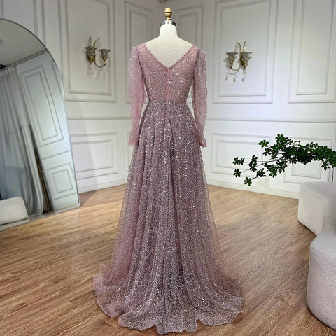 Robe de soirée élégante rose style arabe, coupe trapèze, manches longues, luxueuse, ornée de perles, pour femme, tenue de mariage, 2025, LA72521 