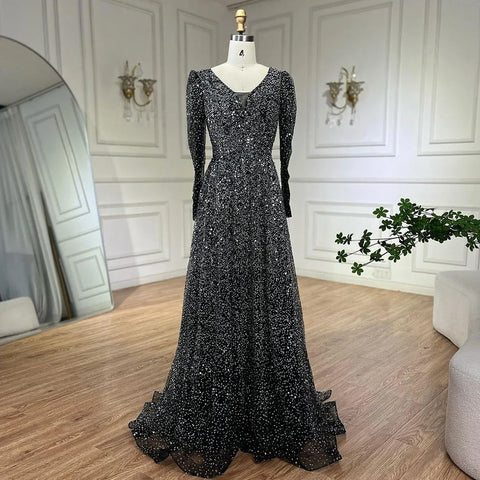 Robe de soirée élégante rose style arabe, coupe trapèze, manches longues, luxueuse, ornée de perles, pour femme, tenue de mariage, 2025, LA72521 