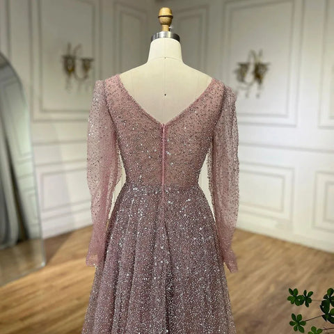 Robe de soirée élégante rose style arabe, coupe trapèze, manches longues, luxueuse, ornée de perles, pour femme, tenue de mariage, 2025, LA72521 