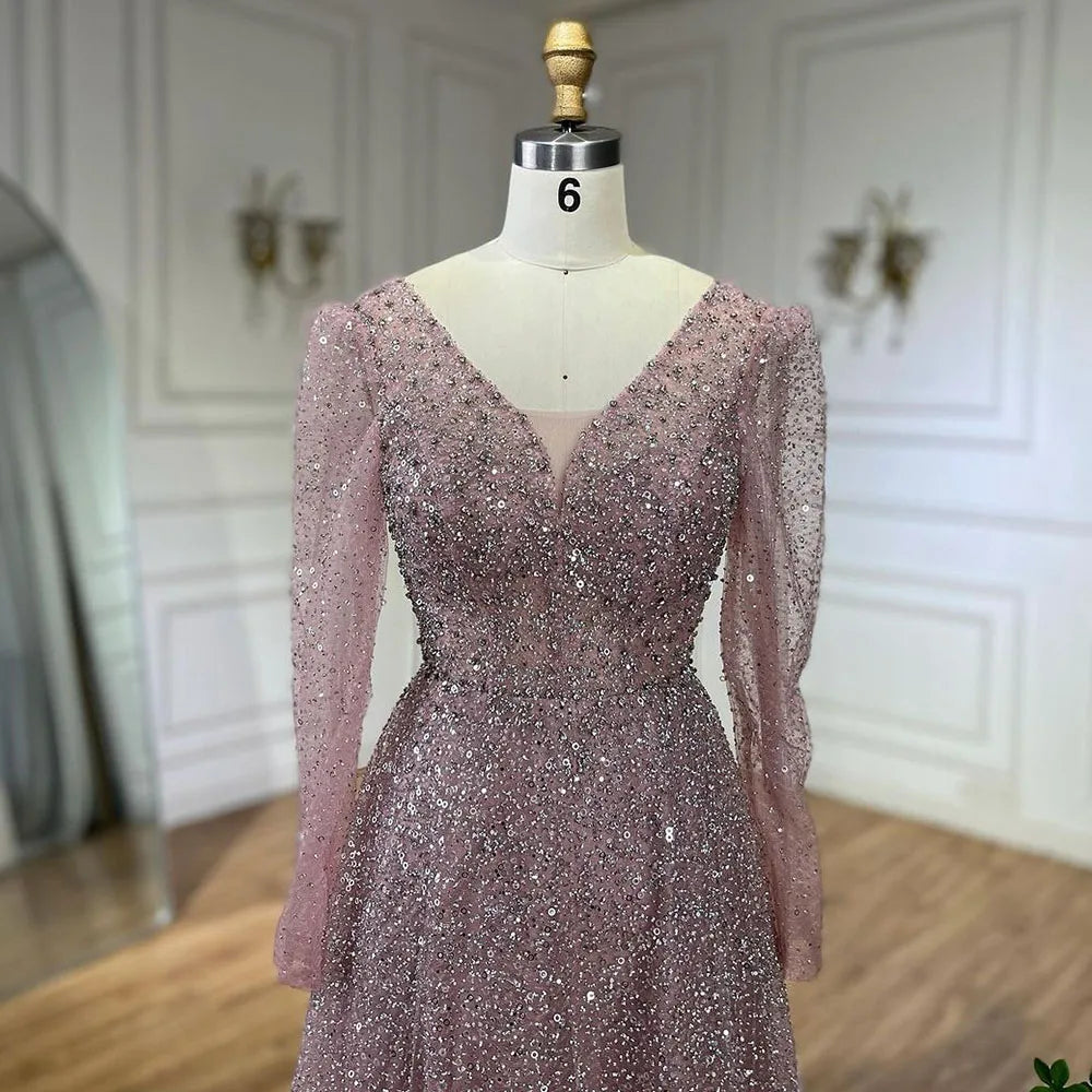 Vestidos de noche elegantes de corte A, manga larga, con cuentas, estilo árabe rosa, para mujer, ideales para bodas y fiestas (2025) LA72521 
