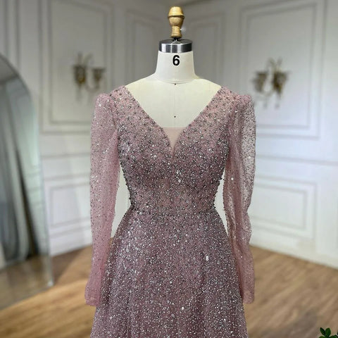 Robe de soirée élégante rose style arabe, coupe trapèze, manches longues, luxueuse, ornée de perles, pour femme, tenue de mariage, 2025, LA72521 