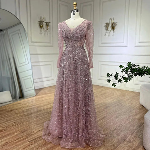 Robe de soirée élégante rose style arabe, coupe trapèze, manches longues, luxueuse, ornée de perles, pour femme, tenue de mariage, 2025, LA72521 