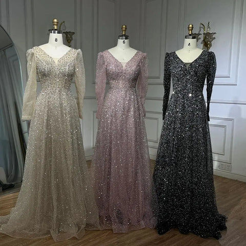 Robe de soirée élégante rose style arabe, coupe trapèze, manches longues, luxueuse, ornée de perles, pour femme, tenue de mariage, 2025, LA72521 