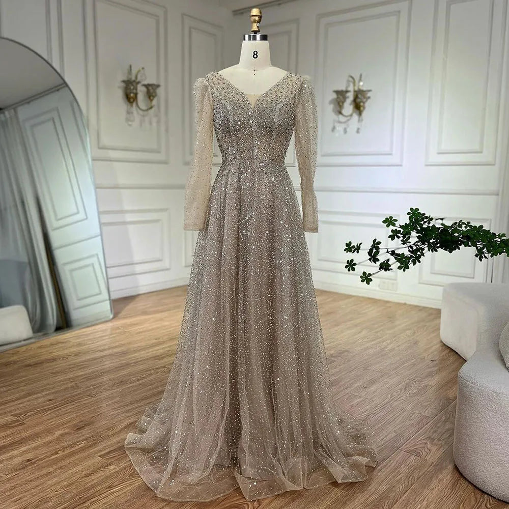 Vestidos de noche elegantes de corte A, manga larga, con cuentas, estilo árabe rosa, para mujer, ideales para bodas y fiestas (2025) LA72521 
