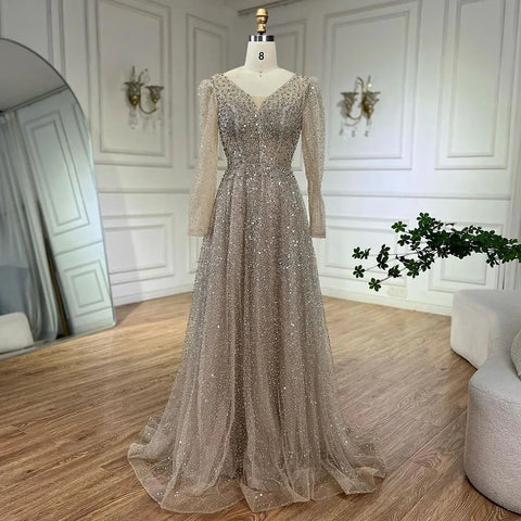 Robe de soirée élégante rose style arabe, coupe trapèze, manches longues, luxueuse, ornée de perles, pour femme, tenue de mariage, 2025, LA72521 