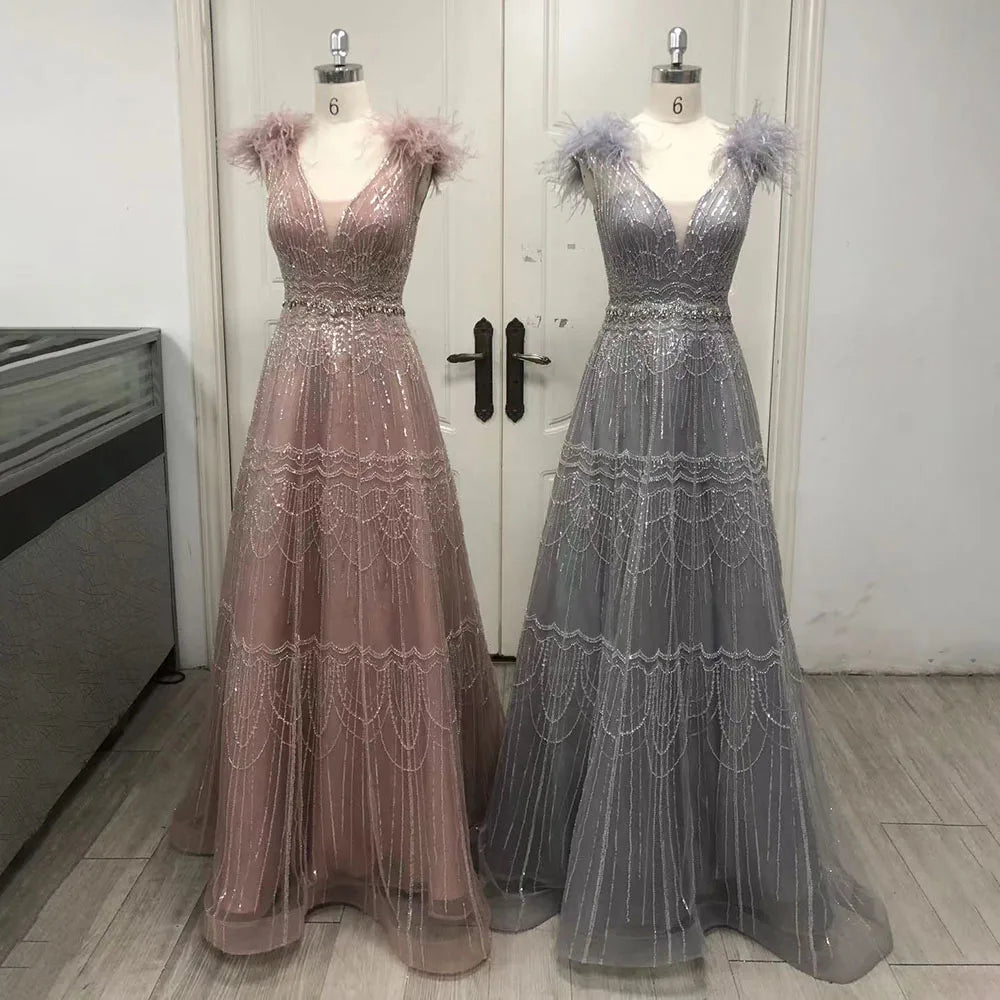 Vestido de noche elegante de lujo con plumas y cuentas, corte en A, estilo árabe, color rosa, para mujer - Boda 2025 LA72608 