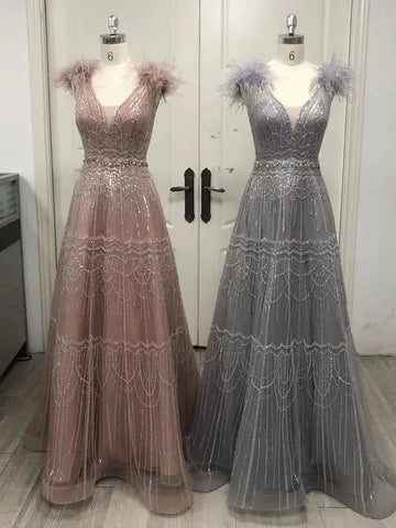 Robe de soirée élégante de luxe rose style arabe, coupe trapèze, ornée de perles et de plumes, pour femme - Mariage 2025 LA72608 
