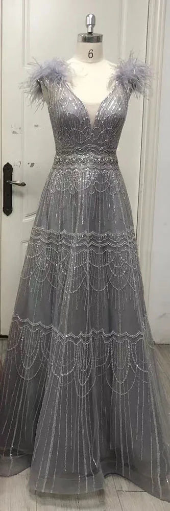Vestido de noche elegante de lujo con plumas y cuentas, corte en A, estilo árabe, color rosa, para mujer - Boda 2025 LA72608 