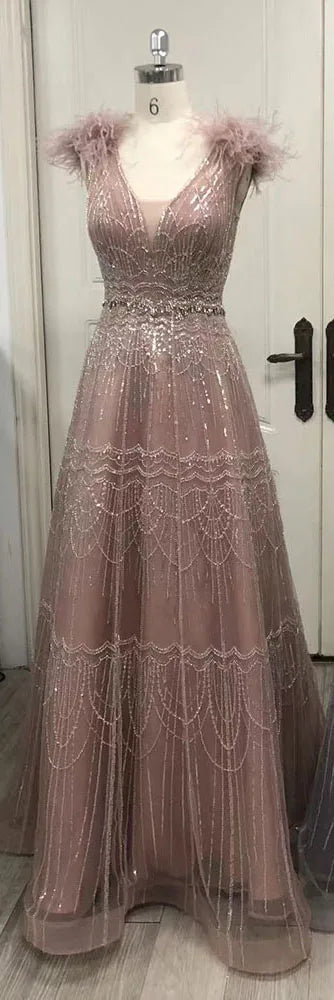 Vestido de noche elegante de lujo con plumas y cuentas, corte en A, estilo árabe, color rosa, para mujer - Boda 2025 LA72608 