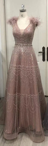 Robe de soirée élégante de luxe rose style arabe, coupe trapèze, ornée de perles et de plumes, pour femme - Mariage 2025 LA72608 
