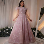 Vestidos de noche de lujo, corte A, sexys, con cuello bajo, plumas y cuentas, estilo árabe, color rosa, para mujer, ideales para bodas y fiestas (LA71726) 
