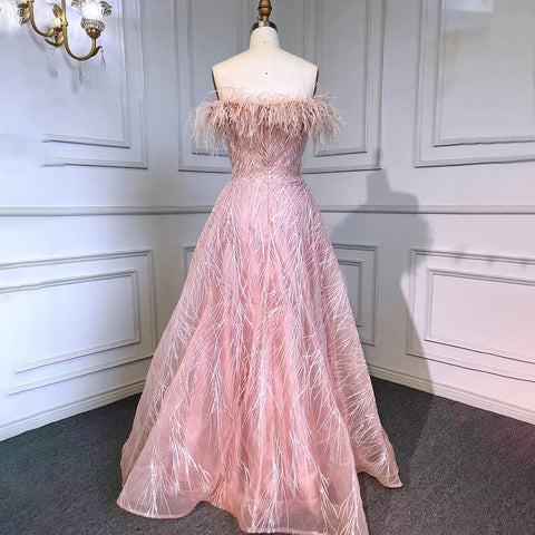 Robe de soirée de luxe rose style arabe, coupe trapèze, col bateau, plumes et perles, pour femme, tenue de mariage, LA71726, 2025 